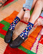Bold Blue Floral Sheer Crew Sock by Sock Candy