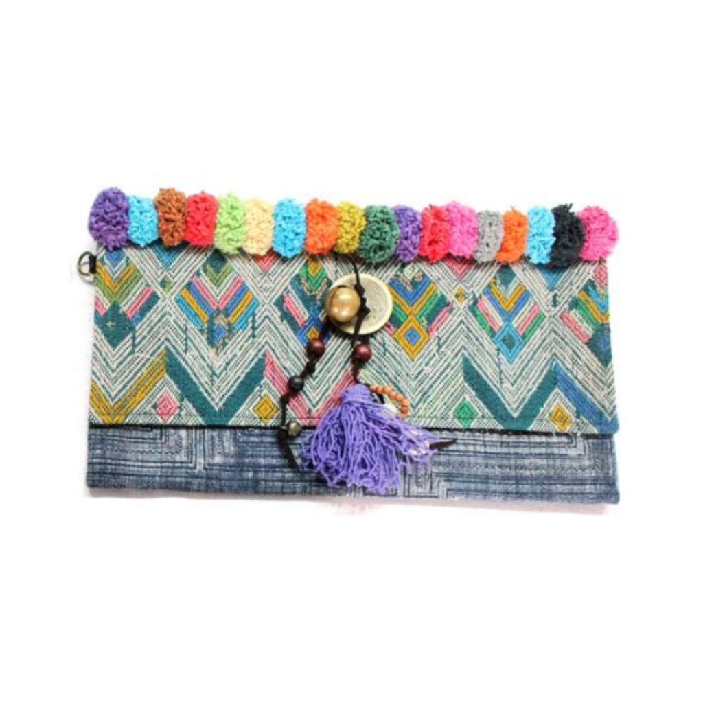 Bonita Karen Textile Pompom Embroidered Clutch Bag - Thailand Bags La Vie Bien Bonita Karen Textile Pompom Embroidered Clutch Bag - Thailand