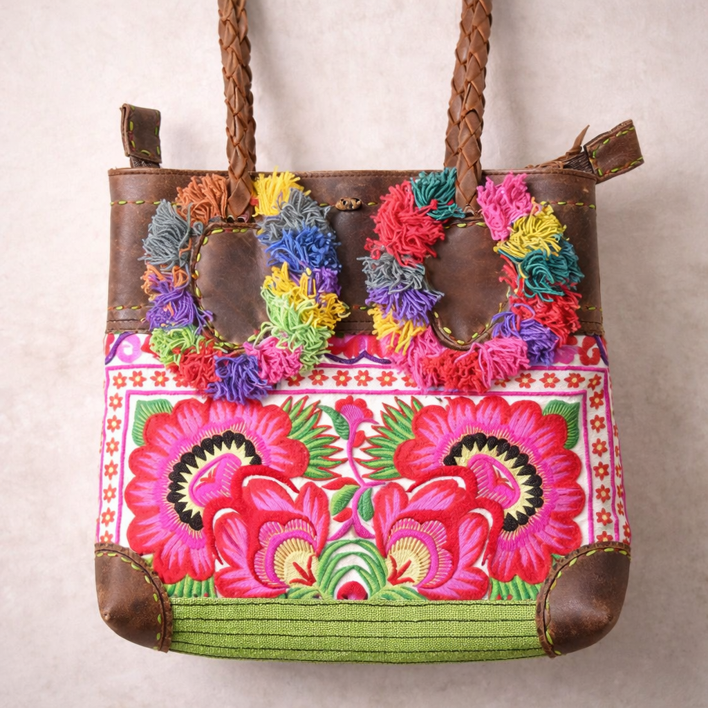 Bonita Vintage Leather Pompom Shoulder Bag - Thailand Bags La Vie Bien Bonita Vintage Leather Pompom Shoulder Bag - Thailand