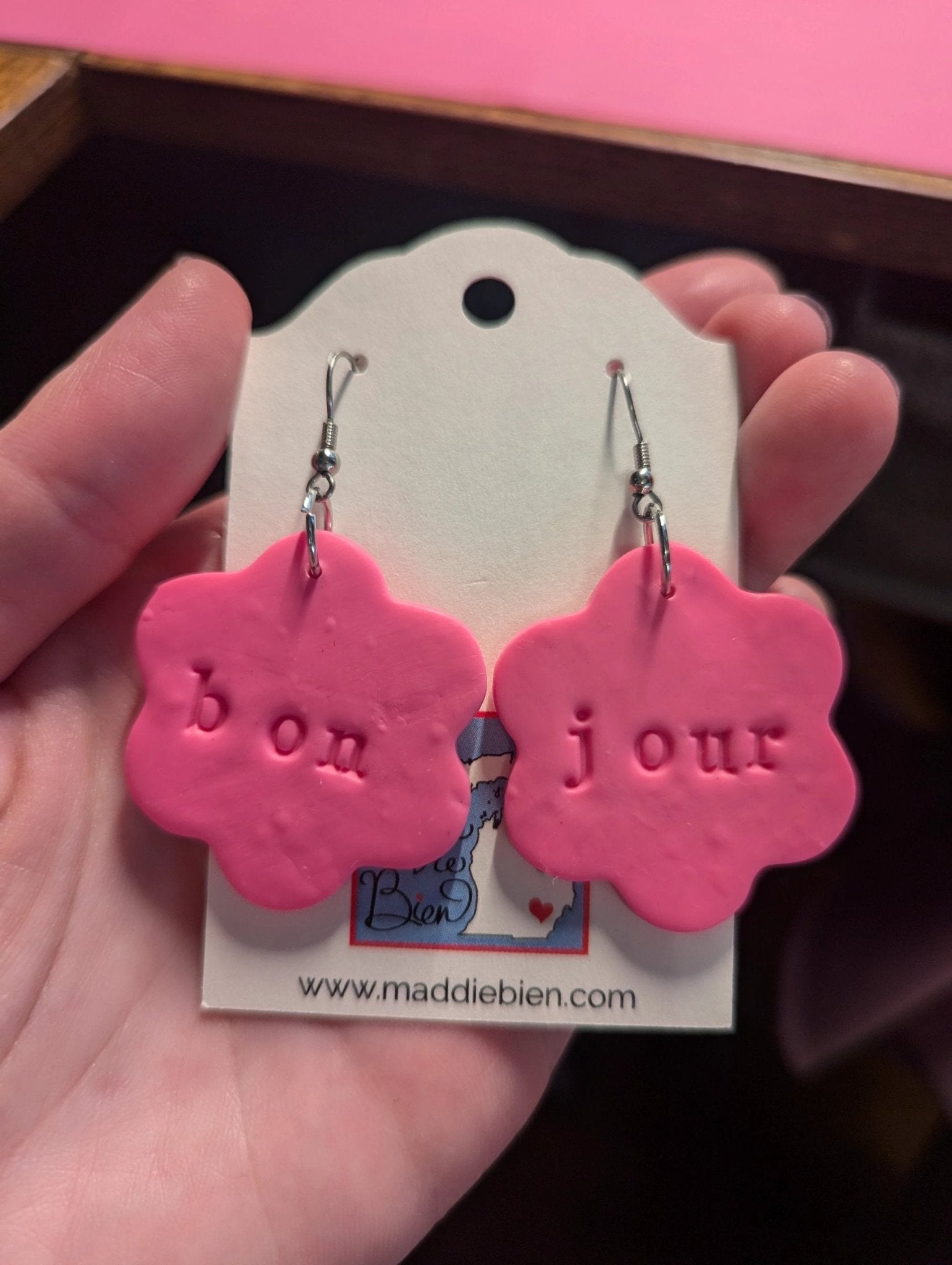 Bonjour polymer clay earrings, French language gift by My Store