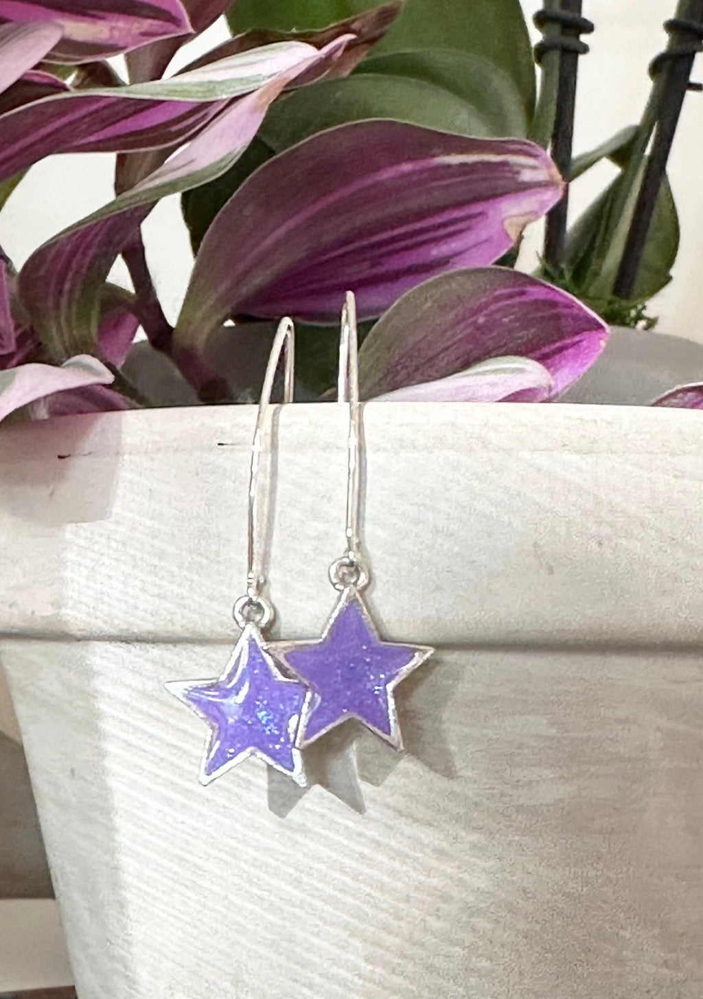 Borahae Earrings - handmade shimmery purple star dangles