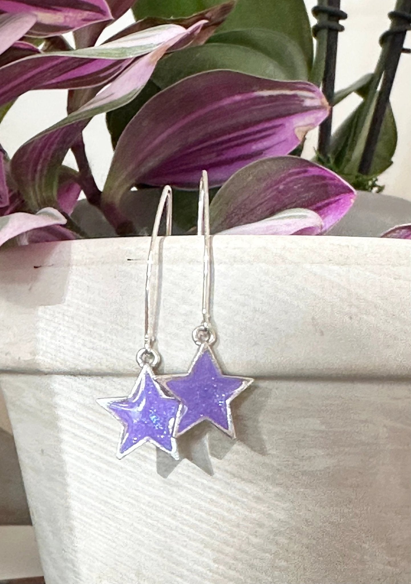 Borahae Earrings - handmade shimmery purple star dangles