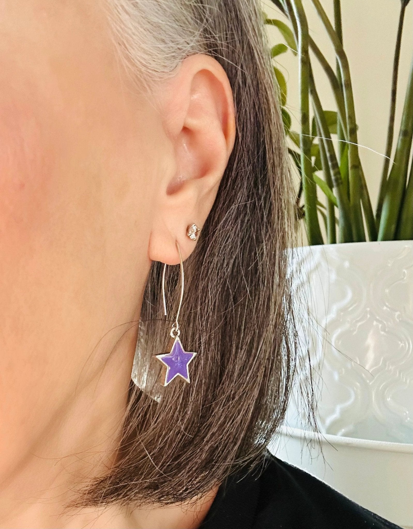 Borahae Earrings - handmade shimmery purple star dangles