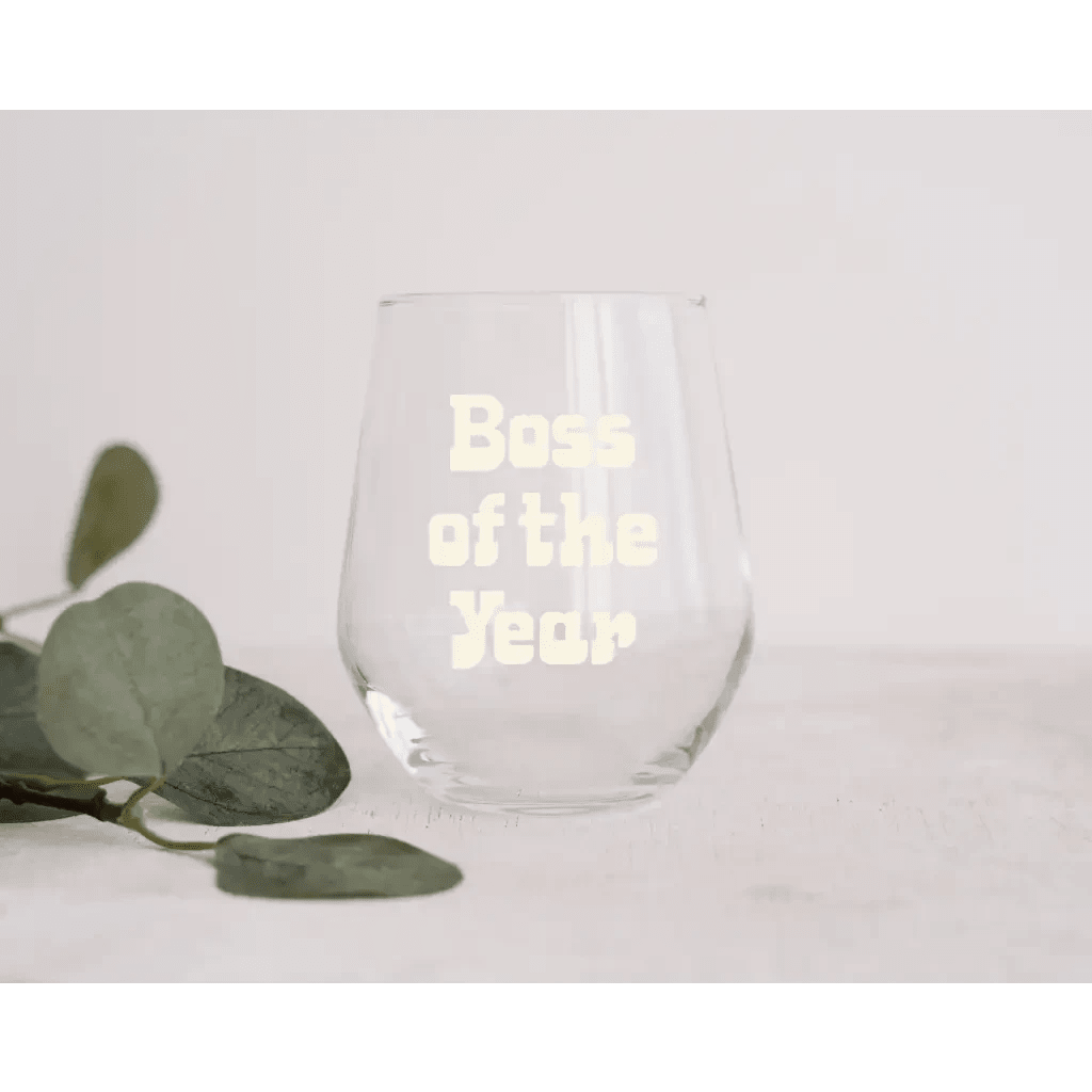 Boss of the Year Stemless 12oz Wine Glass in Green by Polished Prints