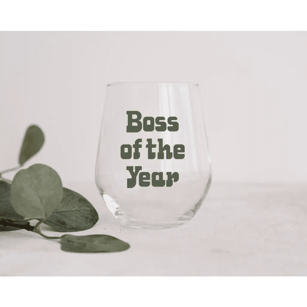 Boss of the Year Stemless 12oz Wine Glass in Green by Polished Prints