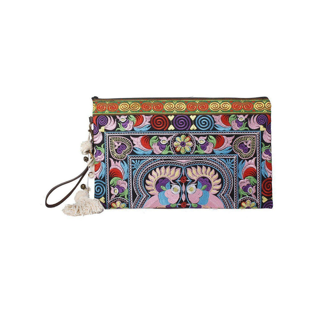Botanica Embroidered Wristlet with PomPoms - Thailand Bags La Vie Bien Botanica Embroidered Wristlet with PomPoms - Thailand