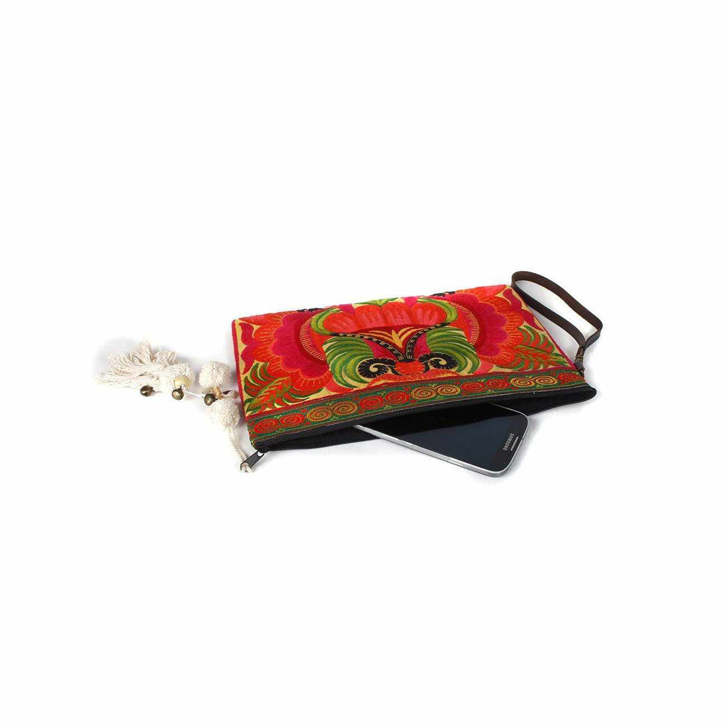 Botanica Embroidered Wristlet with PomPoms - Thailand Bags La Vie Bien Botanica Embroidered Wristlet with PomPoms - Thailand