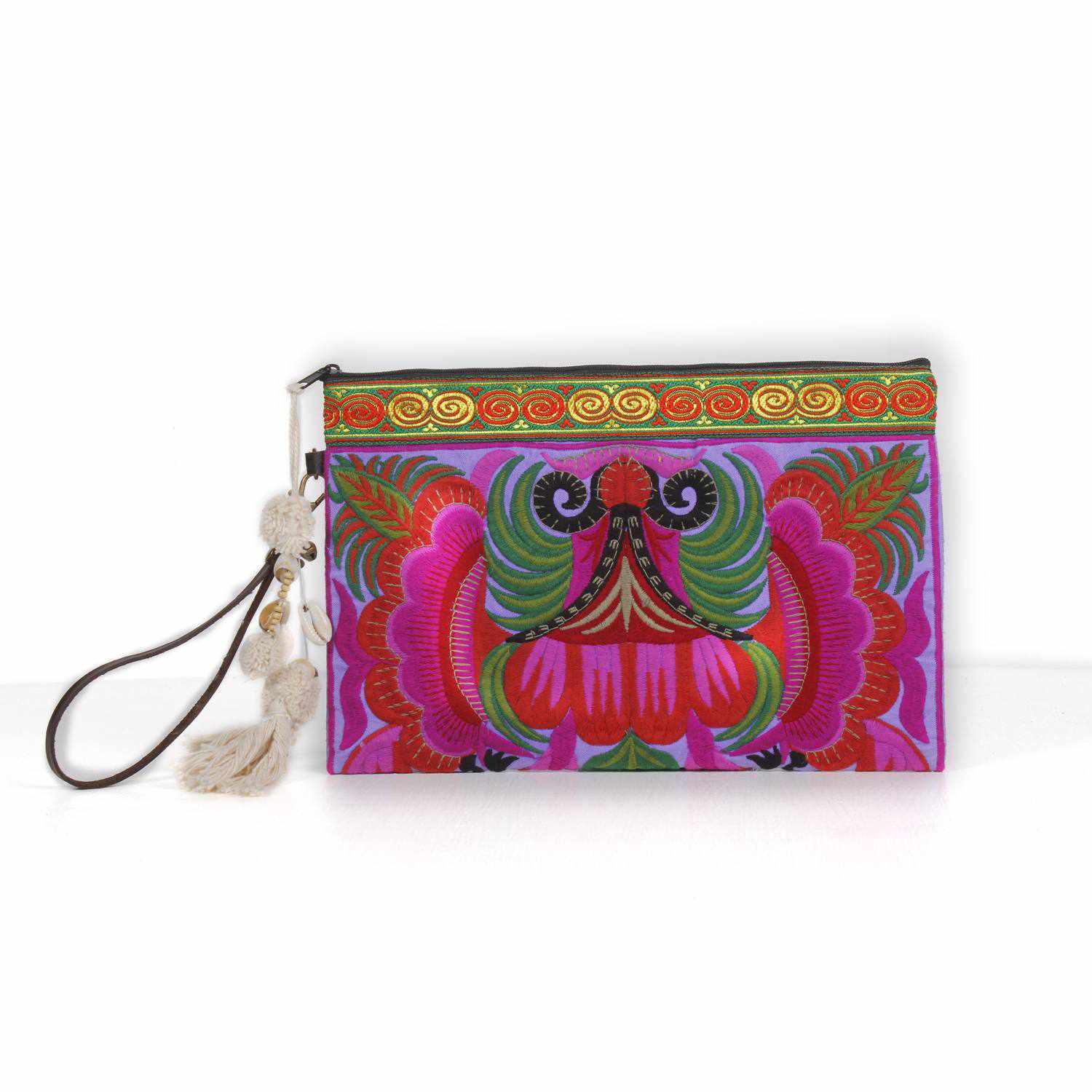 Botanica Embroidered Wristlet with PomPoms - Thailand Bags La Vie Bien Botanica Embroidered Wristlet with PomPoms - Thailand