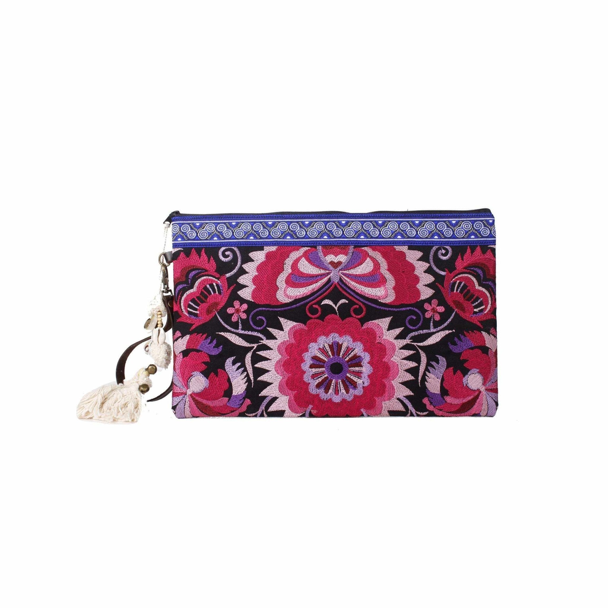 Botanica Embroidered Wristlet with PomPoms - Thailand Bags La Vie Bien Botanica Embroidered Wristlet with PomPoms - Thailand