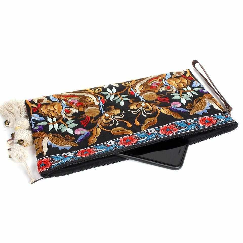 Botanica Embroidered Wristlet with PomPoms - Thailand Bags La Vie Bien Botanica Embroidered Wristlet with PomPoms - Thailand