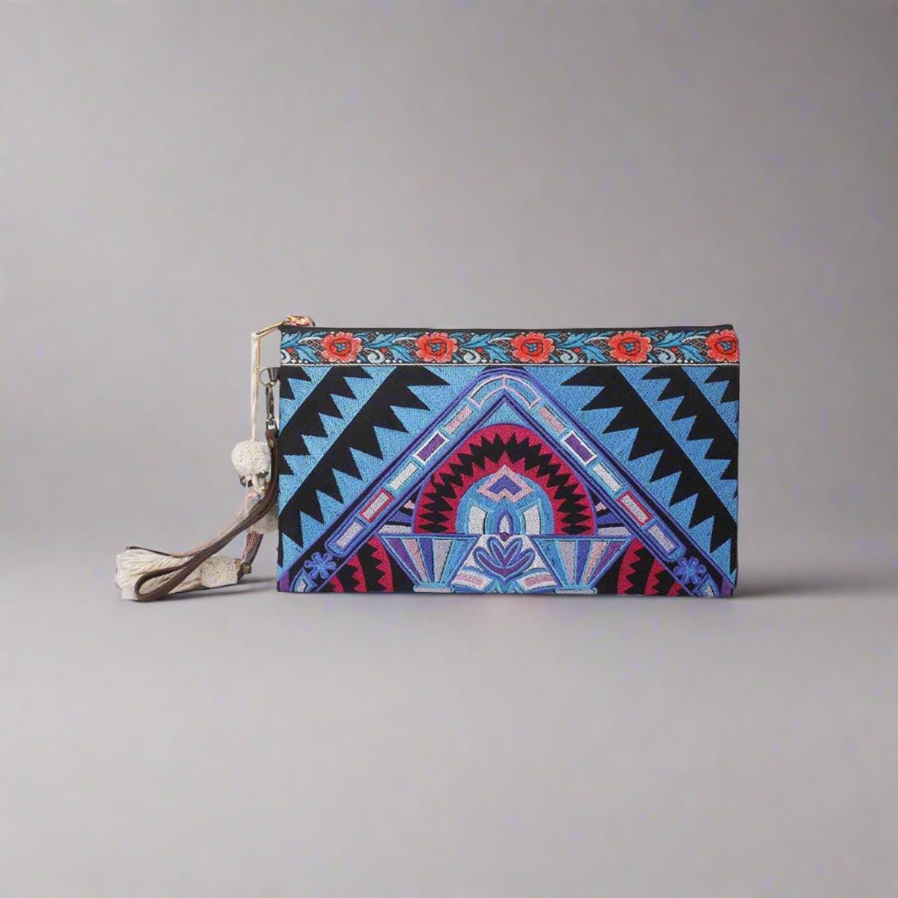 Botanica Embroidered Wristlet with PomPoms - Thailand Bags La Vie Bien Botanica Embroidered Wristlet with PomPoms - Thailand