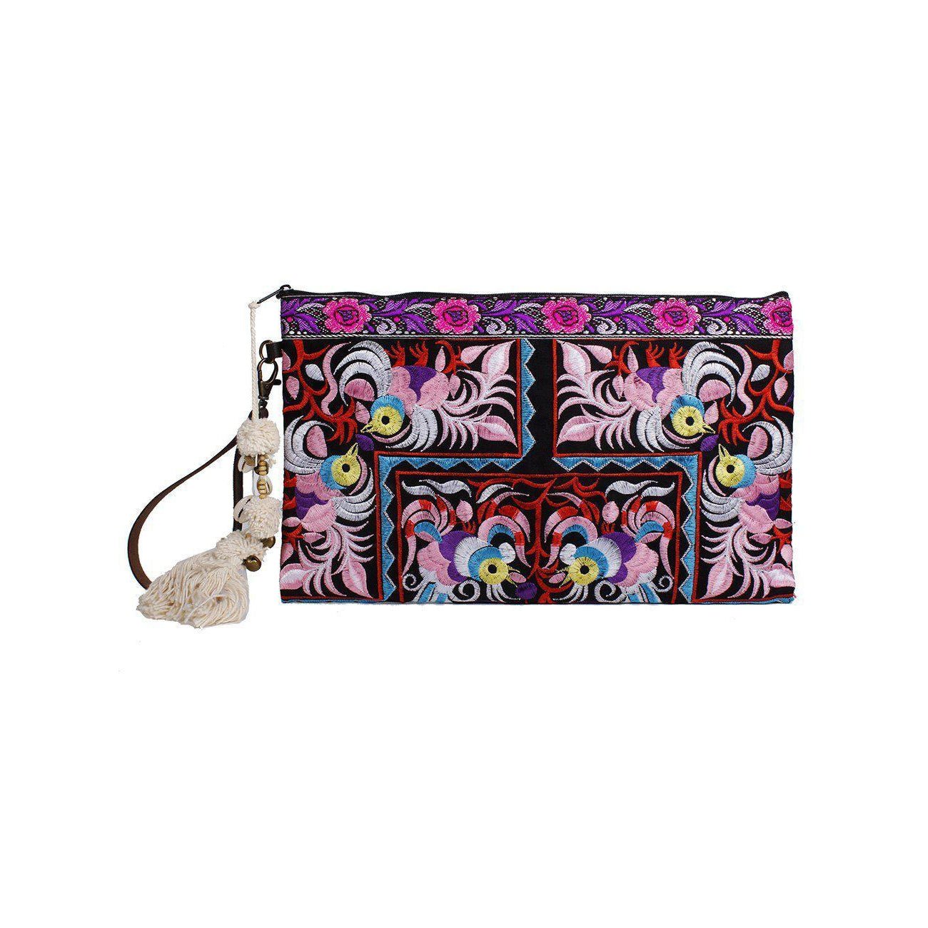 Botanica Embroidered Wristlet with PomPoms - Thailand Bags La Vie Bien Botanica Embroidered Wristlet with PomPoms - Thailand