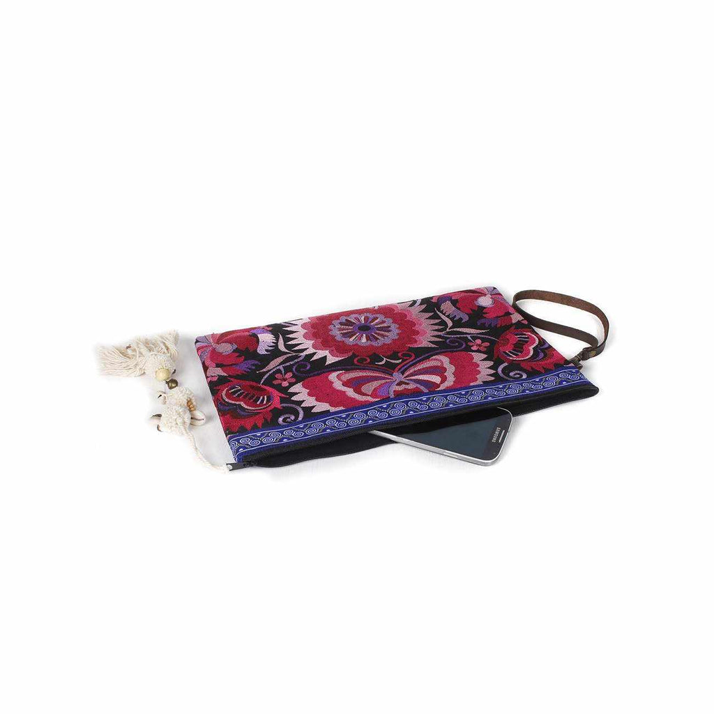 Botanica Embroidered Wristlet with PomPoms - Thailand Bags La Vie Bien Botanica Embroidered Wristlet with PomPoms - Thailand