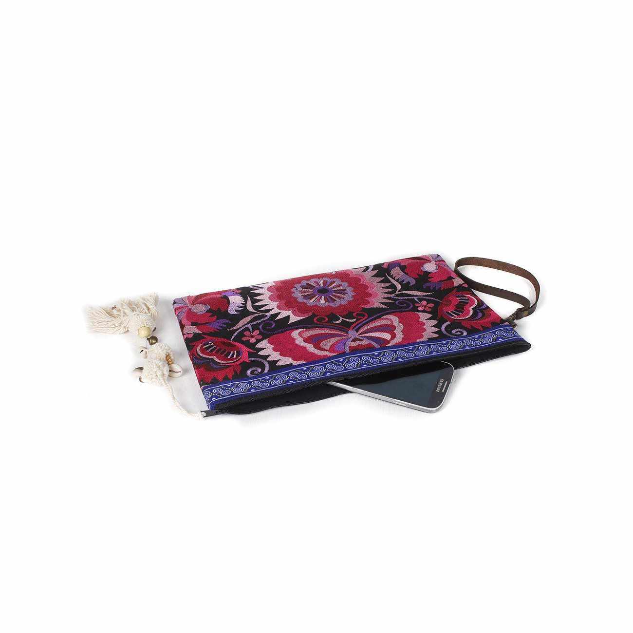 Botanica Embroidered Wristlet with PomPoms - Thailand Bags La Vie Bien Botanica Embroidered Wristlet with PomPoms - Thailand