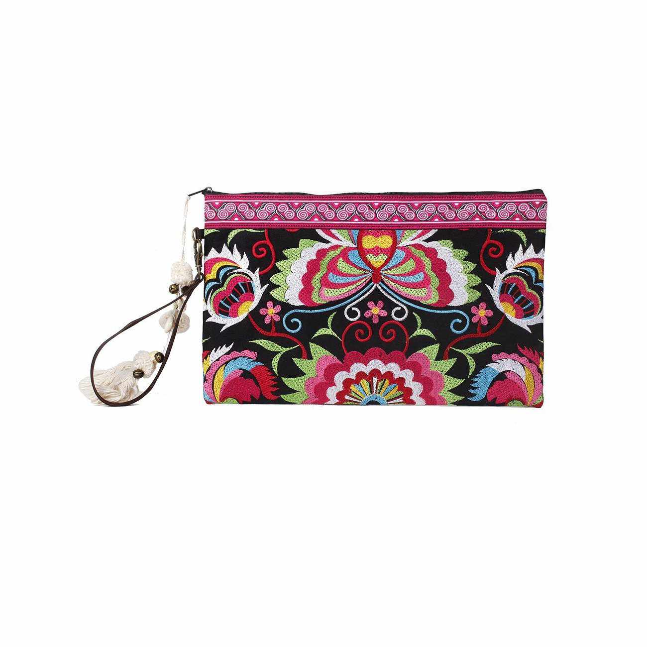 Botanica Embroidered Wristlet with PomPoms - Thailand Bags La Vie Bien Botanica Embroidered Wristlet with PomPoms - Thailand