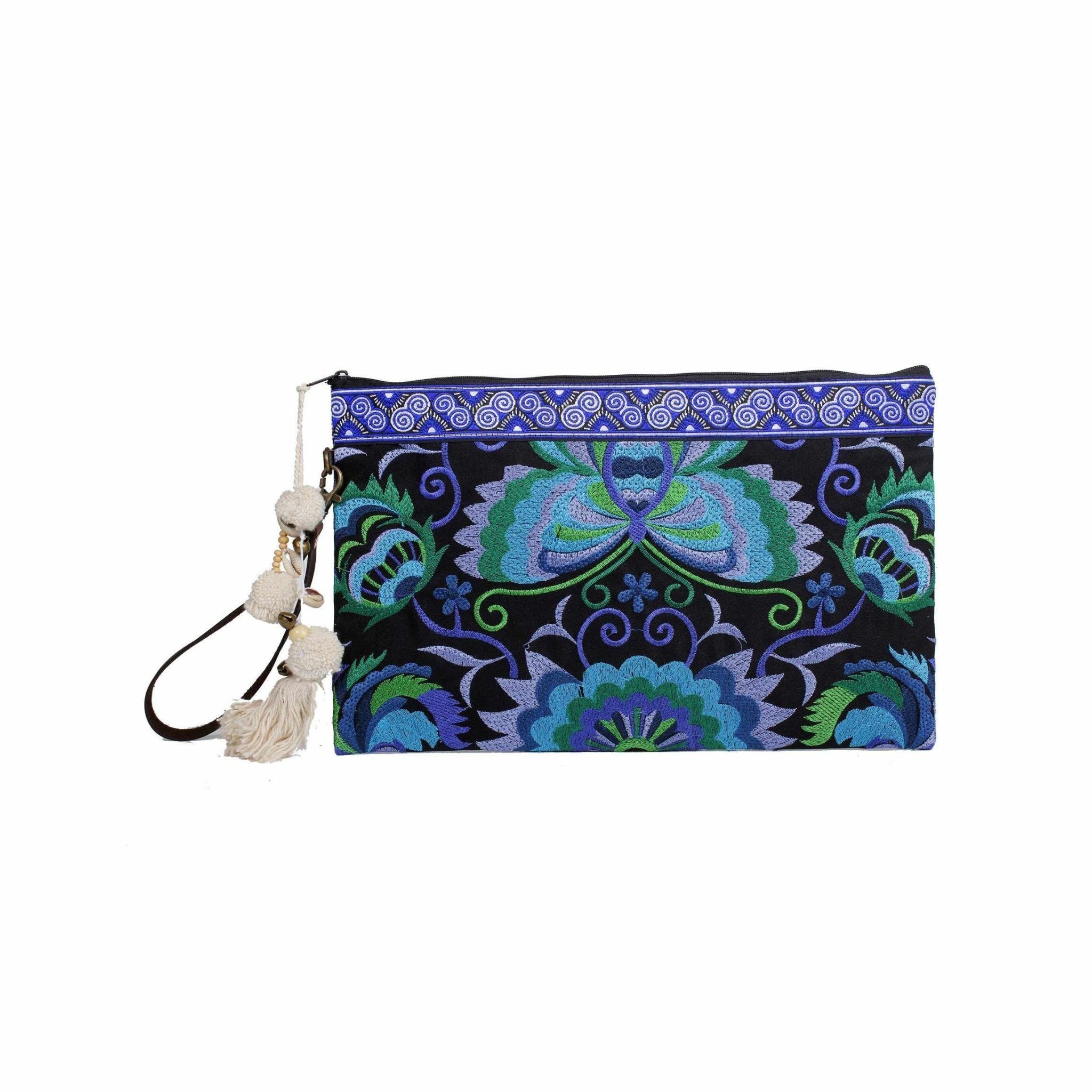 Botanica Embroidered Wristlet with PomPoms - Thailand Bags La Vie Bien Botanica Embroidered Wristlet with PomPoms - Thailand