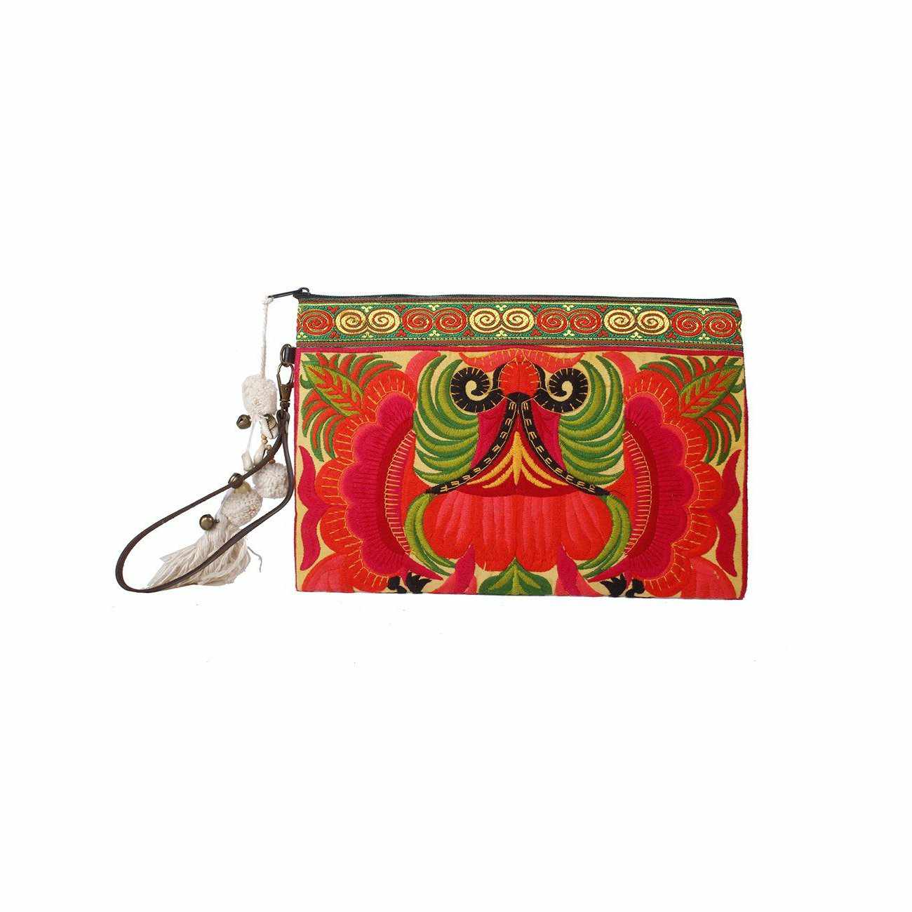 Botanica Embroidered Wristlet with PomPoms - Thailand Bags La Vie Bien Botanica Embroidered Wristlet with PomPoms - Thailand