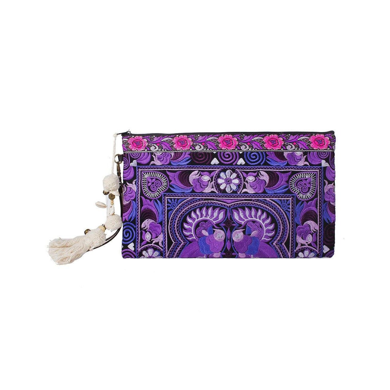 Botanica Embroidered Wristlet with PomPoms - Thailand Bags La Vie Bien Botanica Embroidered Wristlet with PomPoms - Thailand