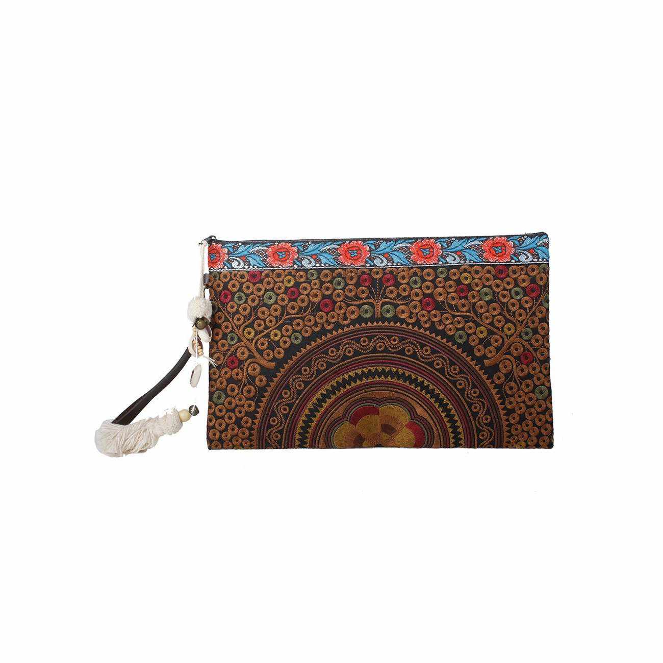 Botanica Embroidered Wristlet with PomPoms - Thailand Bags La Vie Bien Botanica Embroidered Wristlet with PomPoms - Thailand