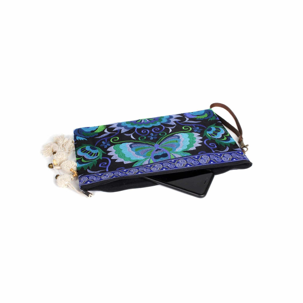 Botanica Embroidered Wristlet with PomPoms - Thailand Bags La Vie Bien Botanica Embroidered Wristlet with PomPoms - Thailand