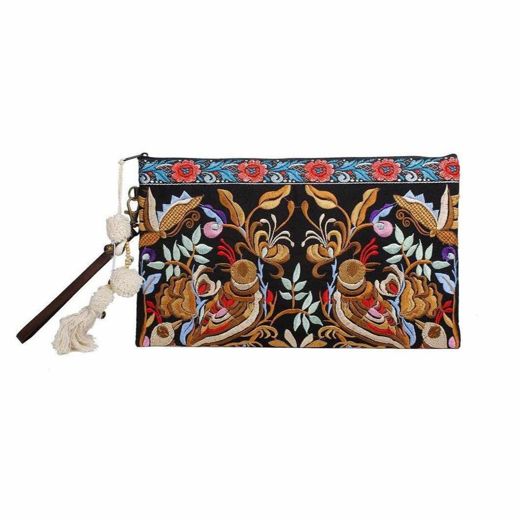 Botanica Embroidered Wristlet with PomPoms - Thailand Bags La Vie Bien Botanica Embroidered Wristlet with PomPoms - Thailand