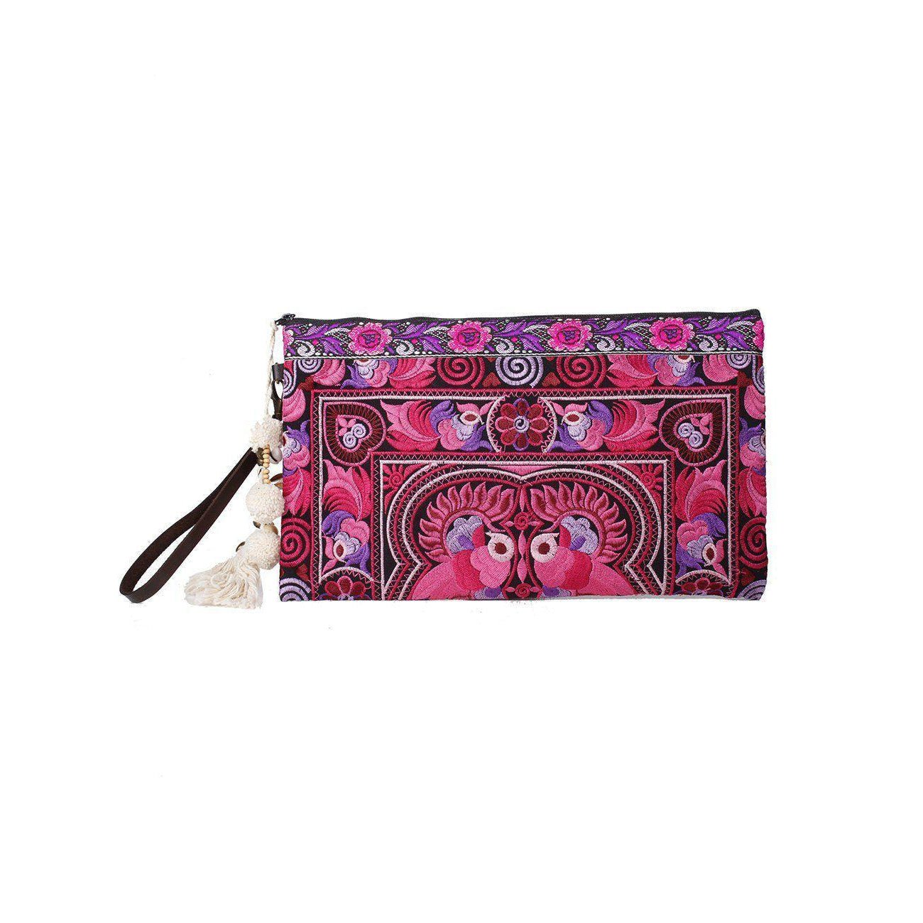 Botanica Embroidered Wristlet with PomPoms - Thailand Bags La Vie Bien Botanica Embroidered Wristlet with PomPoms - Thailand