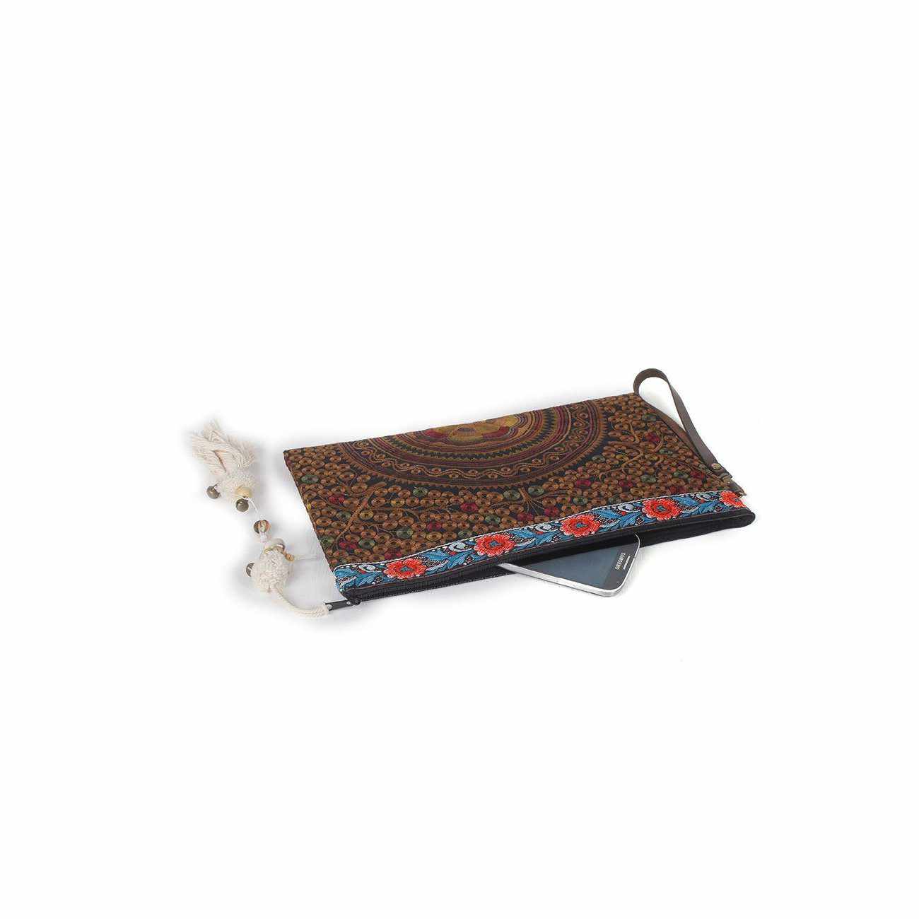 Botanica Embroidered Wristlet with PomPoms - Thailand Bags La Vie Bien Botanica Embroidered Wristlet with PomPoms - Thailand