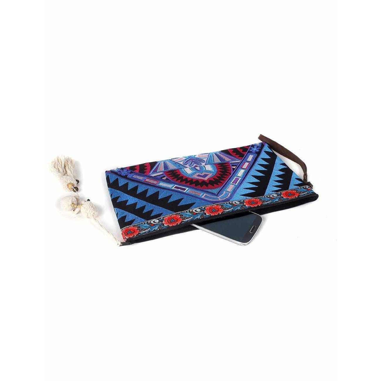 Botanica Embroidered Wristlet with PomPoms - Thailand Bags La Vie Bien Botanica Embroidered Wristlet with PomPoms - Thailand