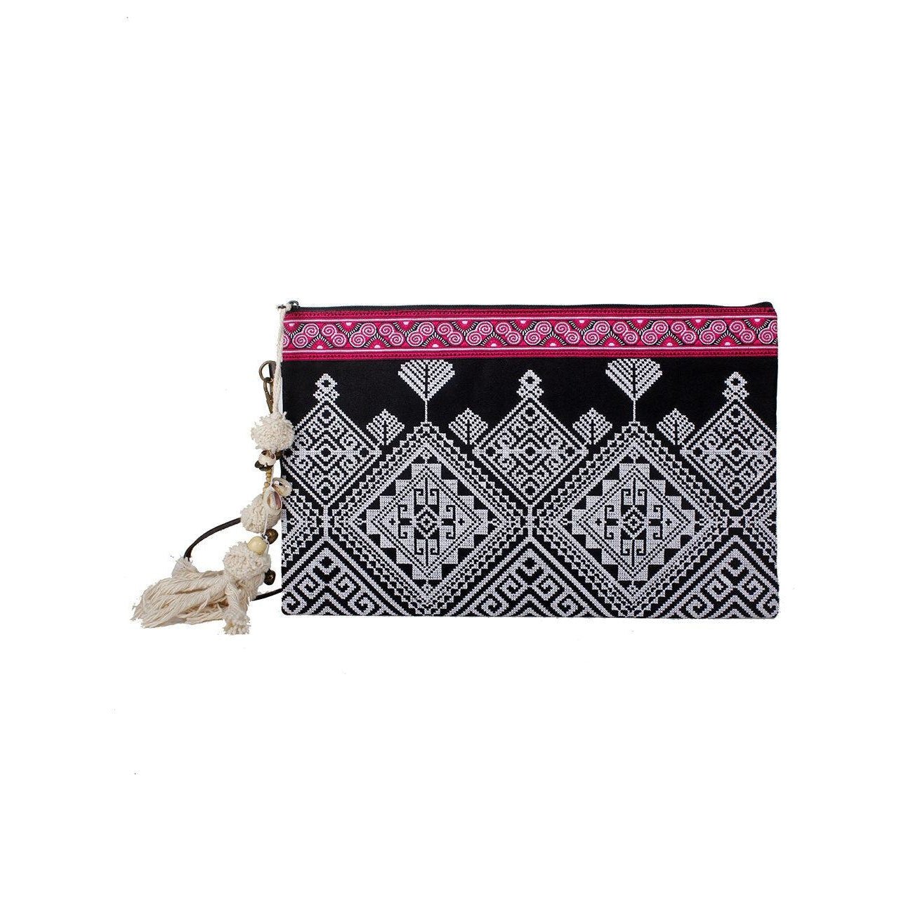 Botanica Embroidered Wristlet with PomPoms - Thailand Bags La Vie Bien Botanica Embroidered Wristlet with PomPoms - Thailand