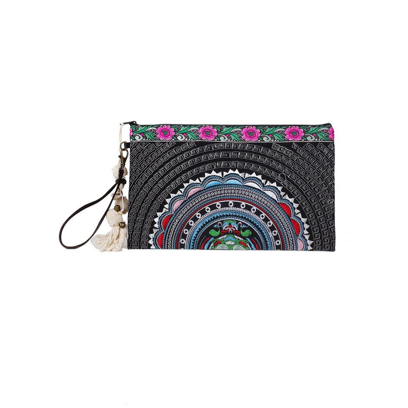 Botanica Embroidered Wristlet with PomPoms - Thailand Bags La Vie Bien Botanica Embroidered Wristlet with PomPoms - Thailand