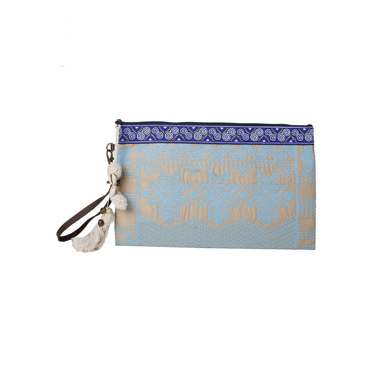 Botanica Embroidered Wristlet with PomPoms - Thailand Bags La Vie Bien Botanica Embroidered Wristlet with PomPoms - Thailand