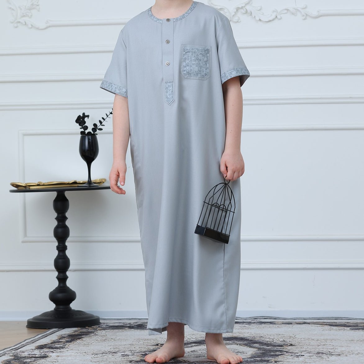 Boys Light Grey Short Sleeve Embroidered Thobe(MKB020) La Vie Bien Boys Light Grey Short Sleeve Embroidered Thobe(MKB020)