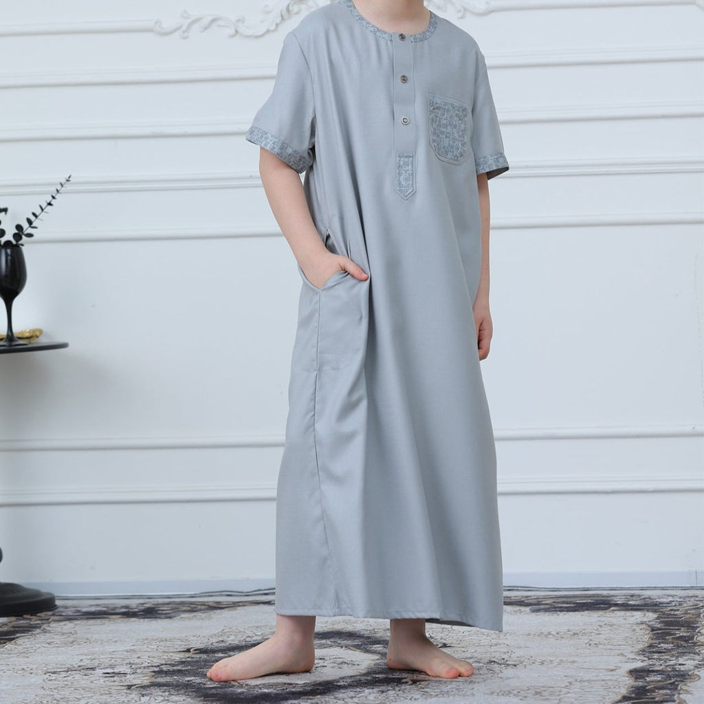 Boys Light Grey Short Sleeve Embroidered Thobe(MKB020) La Vie Bien Boys Light Grey Short Sleeve Embroidered Thobe(MKB020)
