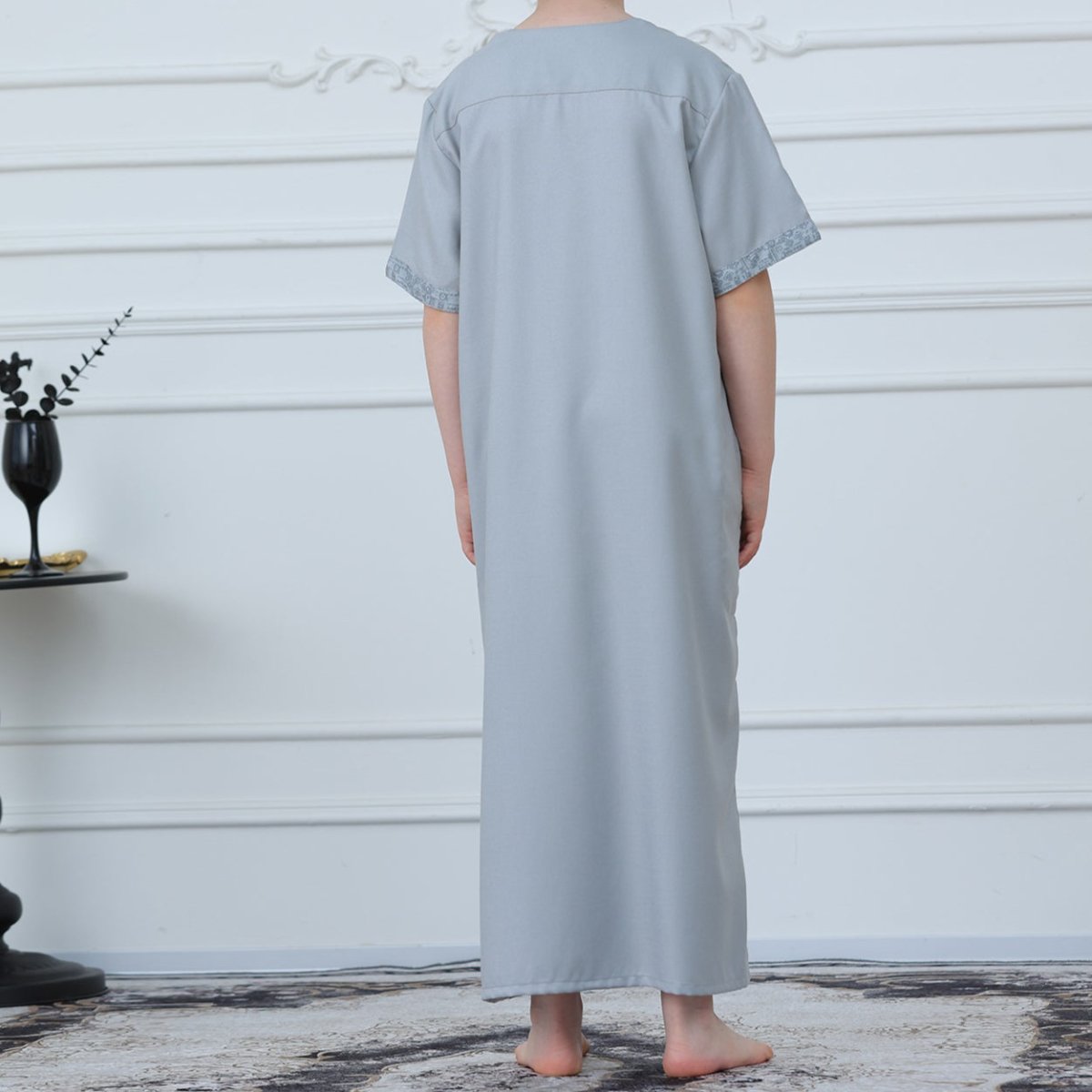 Boys Light Grey Short Sleeve Embroidered Thobe(MKB020) La Vie Bien Boys Light Grey Short Sleeve Embroidered Thobe(MKB020)