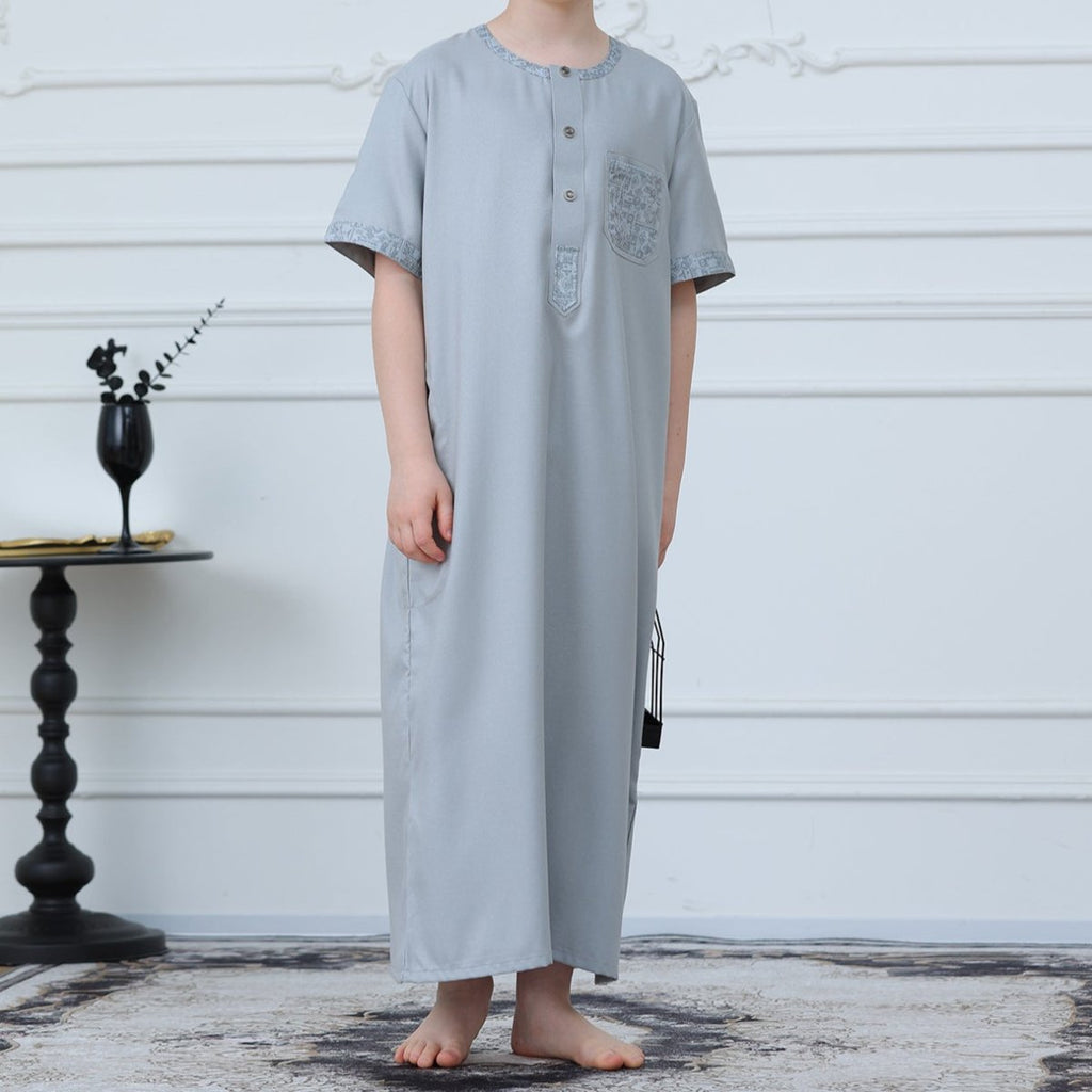Boys Light Grey Short Sleeve Embroidered Thobe(MKB020) La Vie Bien Boys Light Grey Short Sleeve Embroidered Thobe(MKB020)