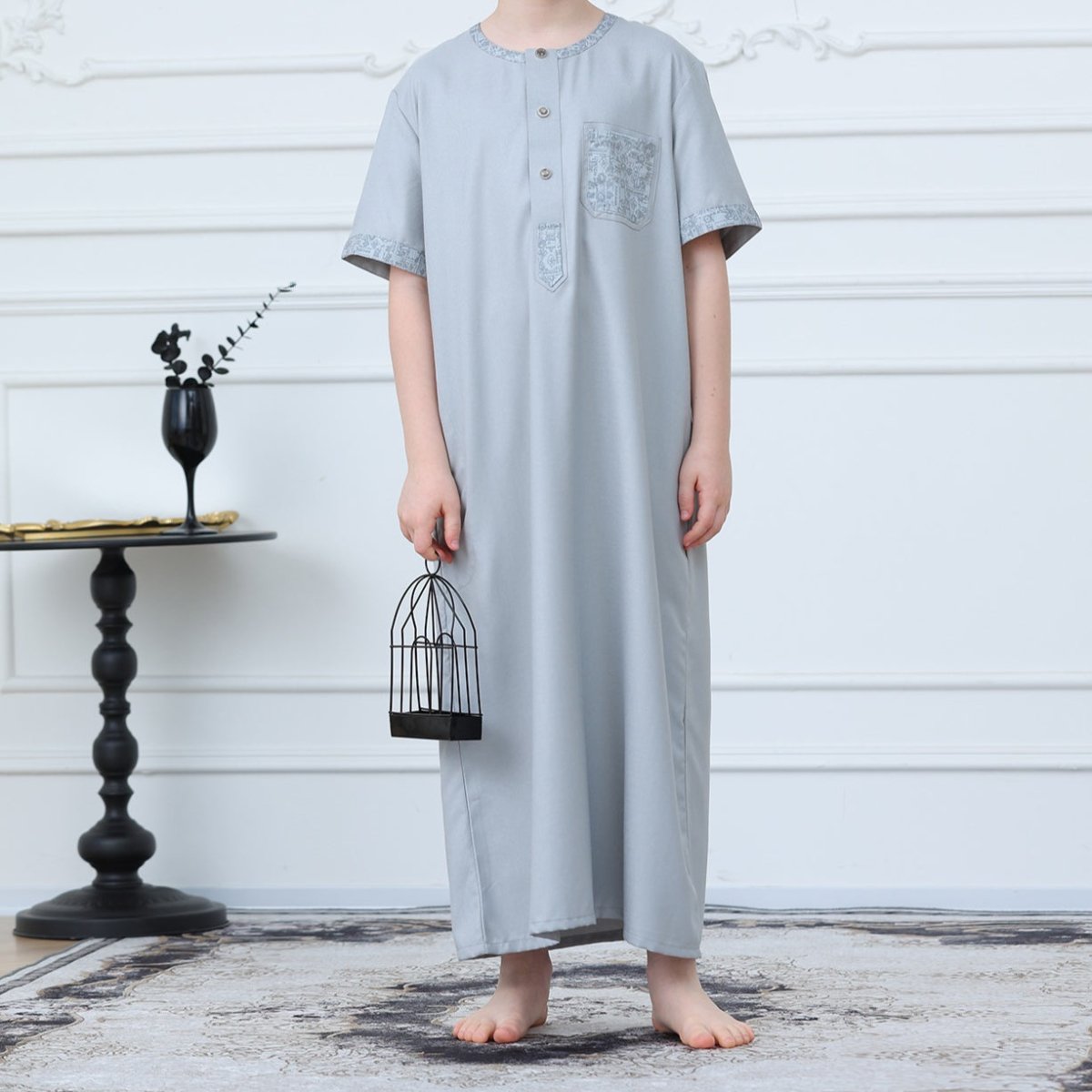 Boys Light Grey Short Sleeve Embroidered Thobe(MKB020) La Vie Bien Boys Light Grey Short Sleeve Embroidered Thobe(MKB020)