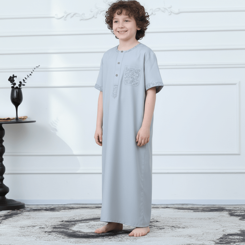 Boys Light Grey Short Sleeve Embroidered Thobe(MKB020) La Vie Bien Boys Light Grey Short Sleeve Embroidered Thobe(MKB020)