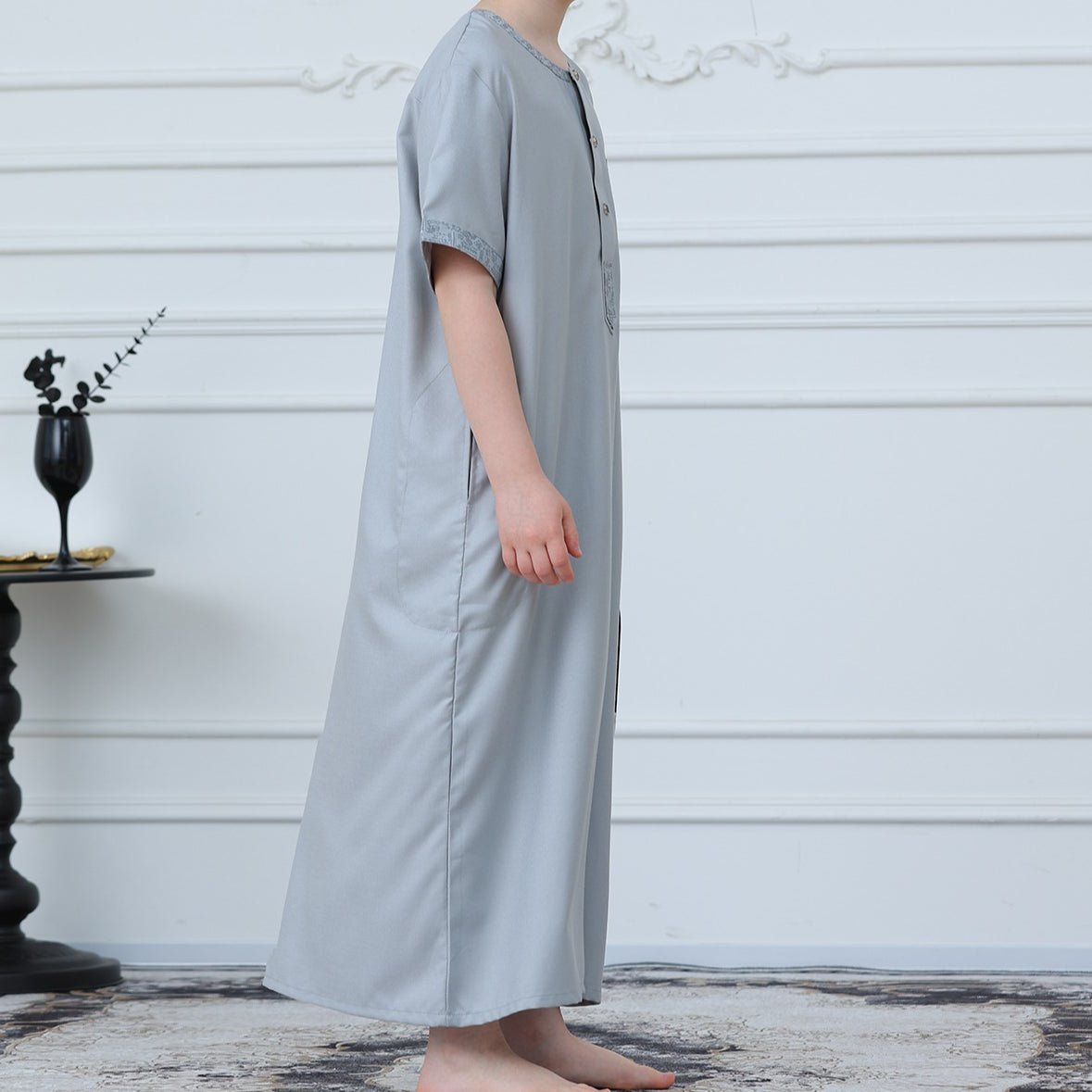 Boys Light Grey Short Sleeve Embroidered Thobe(MKB020) La Vie Bien Boys Light Grey Short Sleeve Embroidered Thobe(MKB020)