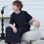 Boys Navy Short Sleeve Thobe with Chest Pocket (MKB022)