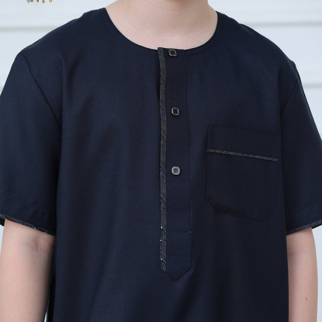 Boys Navy Short Sleeve Thobe with Chest Pocket (MKB022) La Vie Bien Boys Navy Short Sleeve Thobe with Chest Pocket (MKB022)