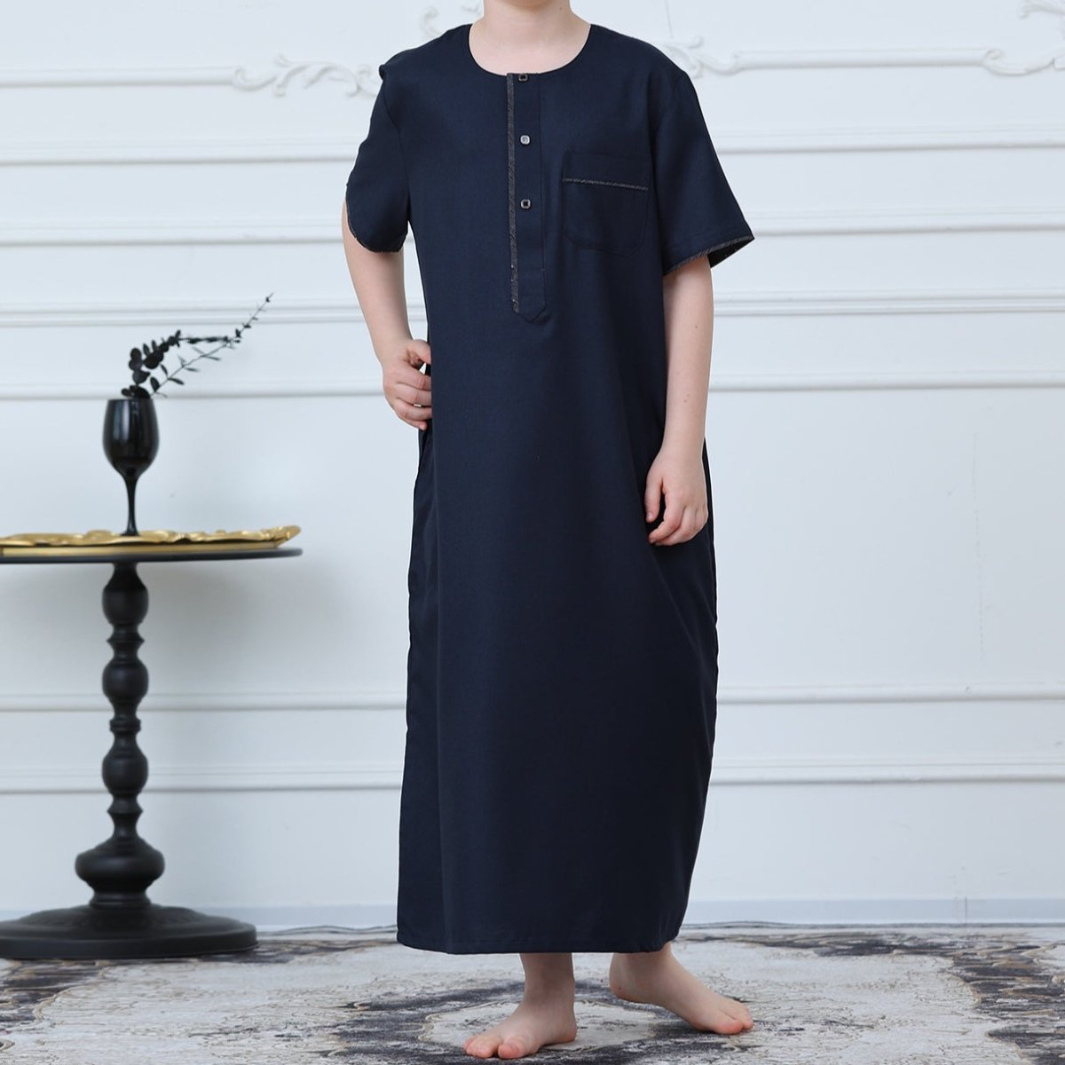 Boys Navy Short Sleeve Thobe with Chest Pocket (MKB022) La Vie Bien Boys Navy Short Sleeve Thobe with Chest Pocket (MKB022)