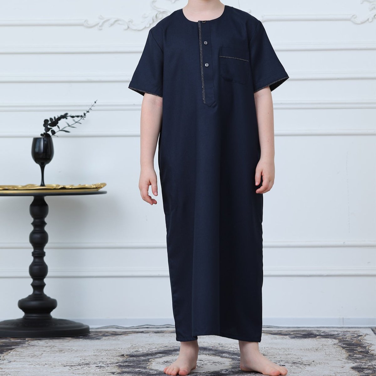 Boys Navy Short Sleeve Thobe with Chest Pocket (MKB022) La Vie Bien Boys Navy Short Sleeve Thobe with Chest Pocket (MKB022)