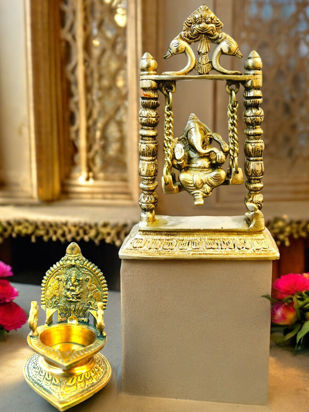 Brass Laxmi Diya with Peacock on Sides Diyas & Samai La Vie Bien Brass Laxmi Diya with Peacock on Sides