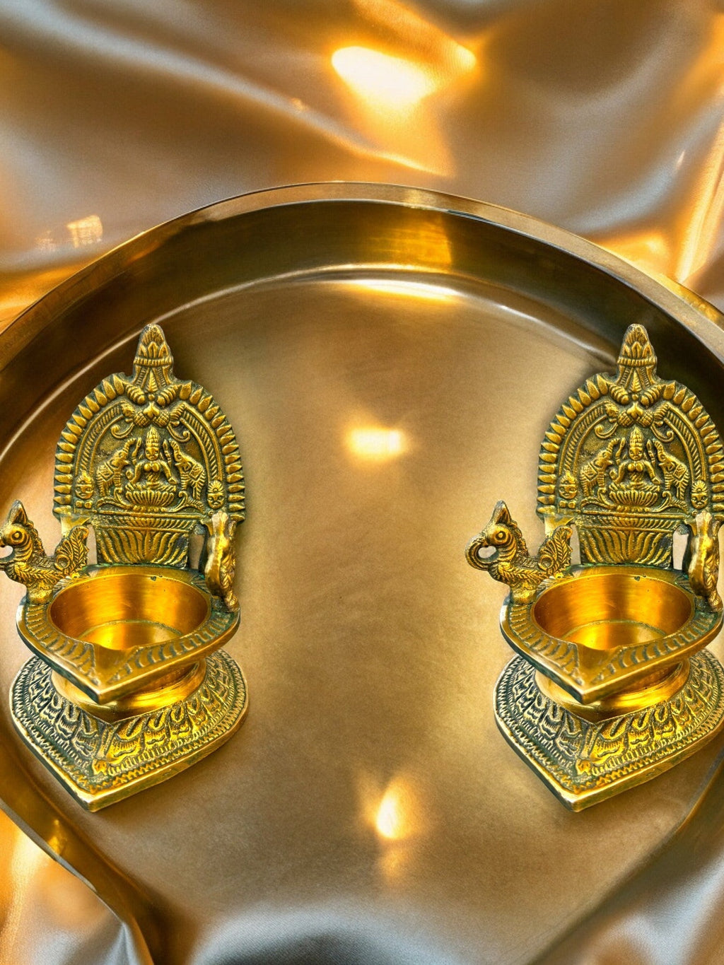Brass Laxmi Diya with Peacock on Sides Diyas & Samai La Vie Bien Brass Laxmi Diya with Peacock on Sides