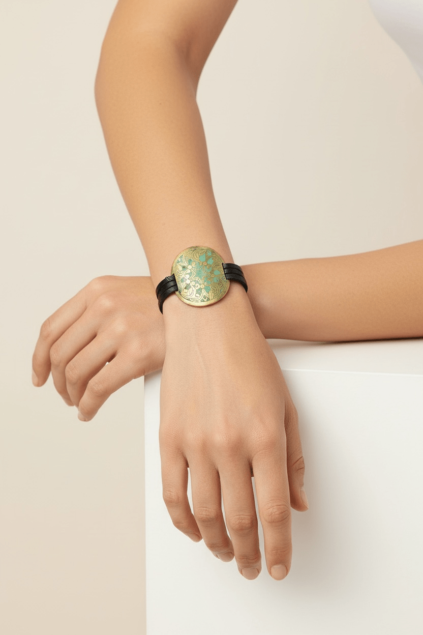 Brass & Leather Bracelet with Ornamental Etching Brass Bangle La Vie Bien Brass & Leather Bracelet with Ornamental Etching