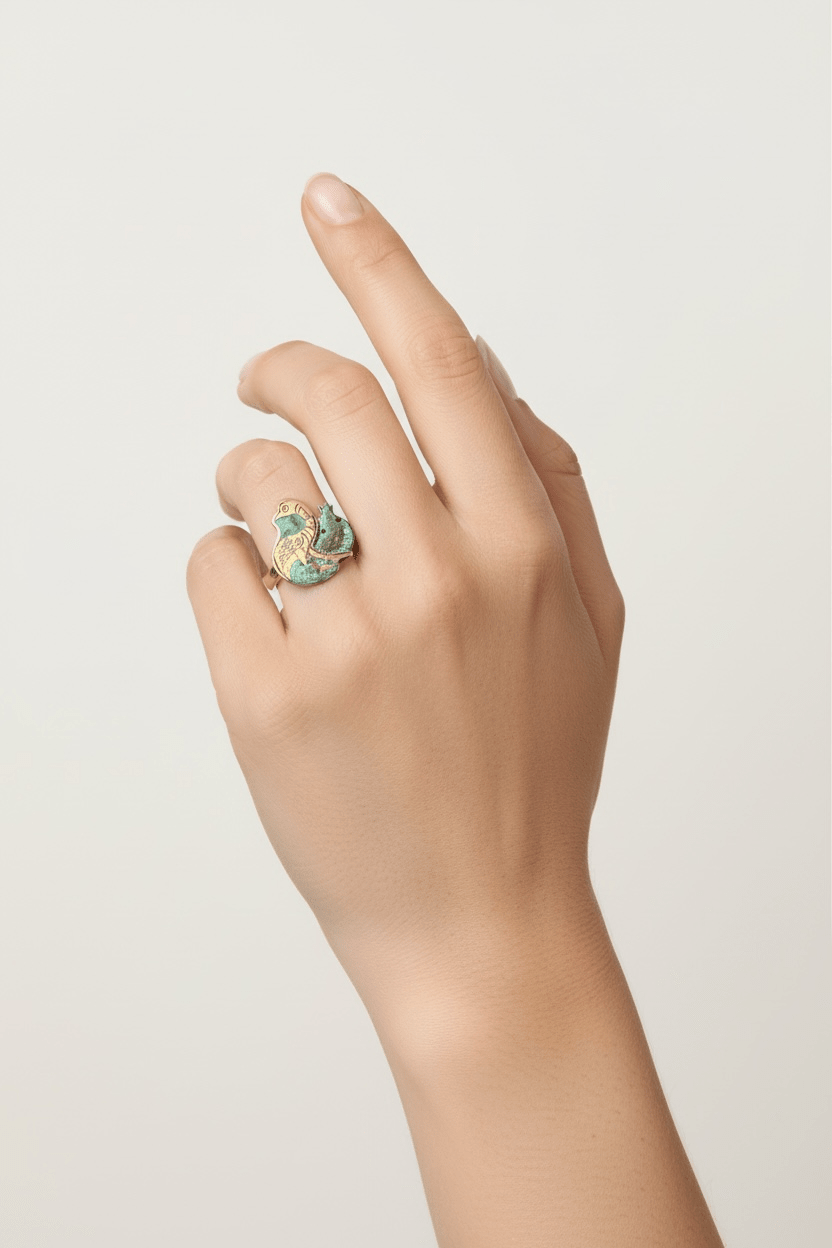 Brass Ring with Turquoise Patina, Bird & Pomegranate Etching Brass Ring La Vie Bien Brass Ring with Turquoise Patina, Bird & Pomegranate Etching