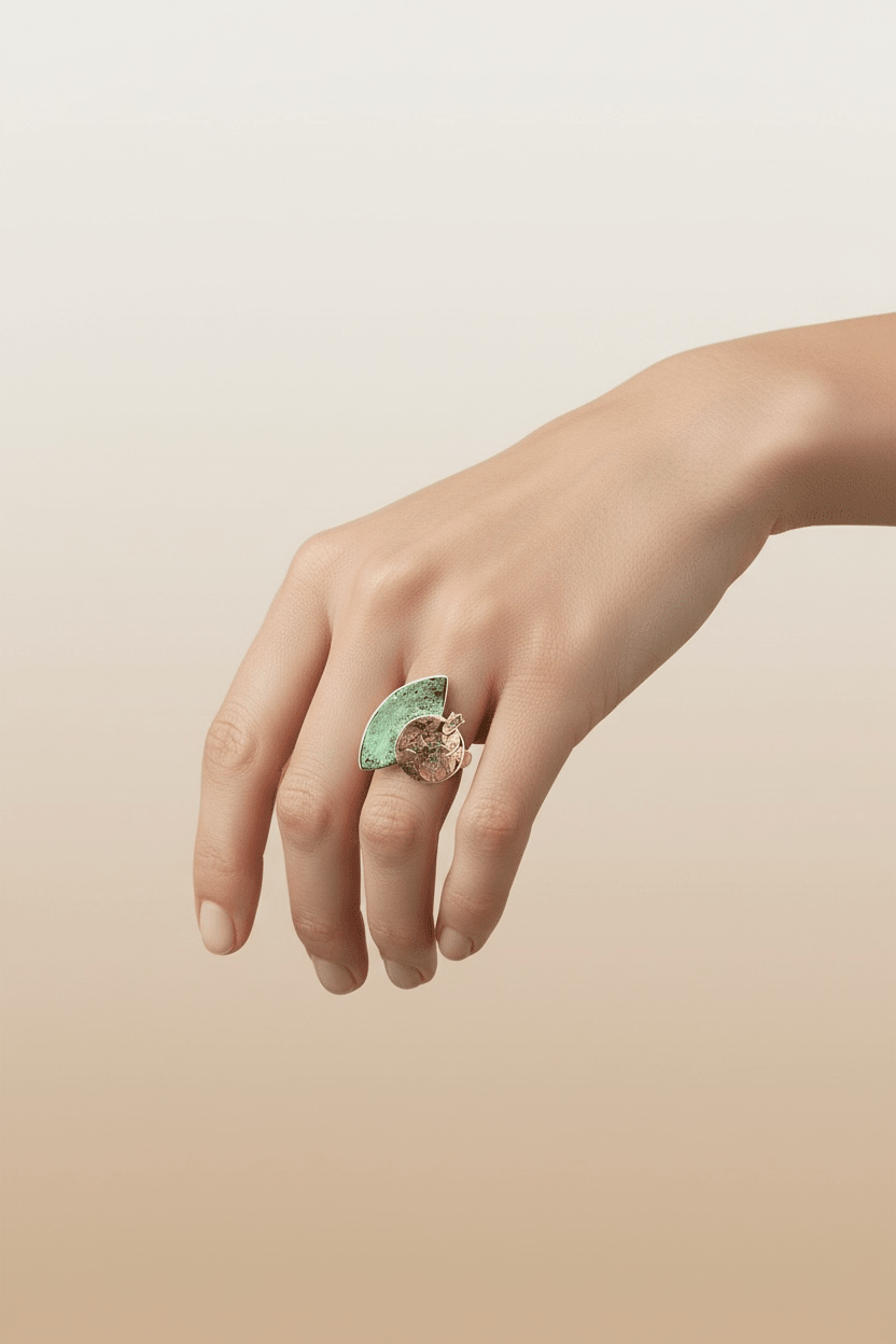 Brass Ring with Turquoise Patina & Pomegranate Etching Brass Ring La Vie Bien Brass Ring with Turquoise Patina & Pomegranate Etching