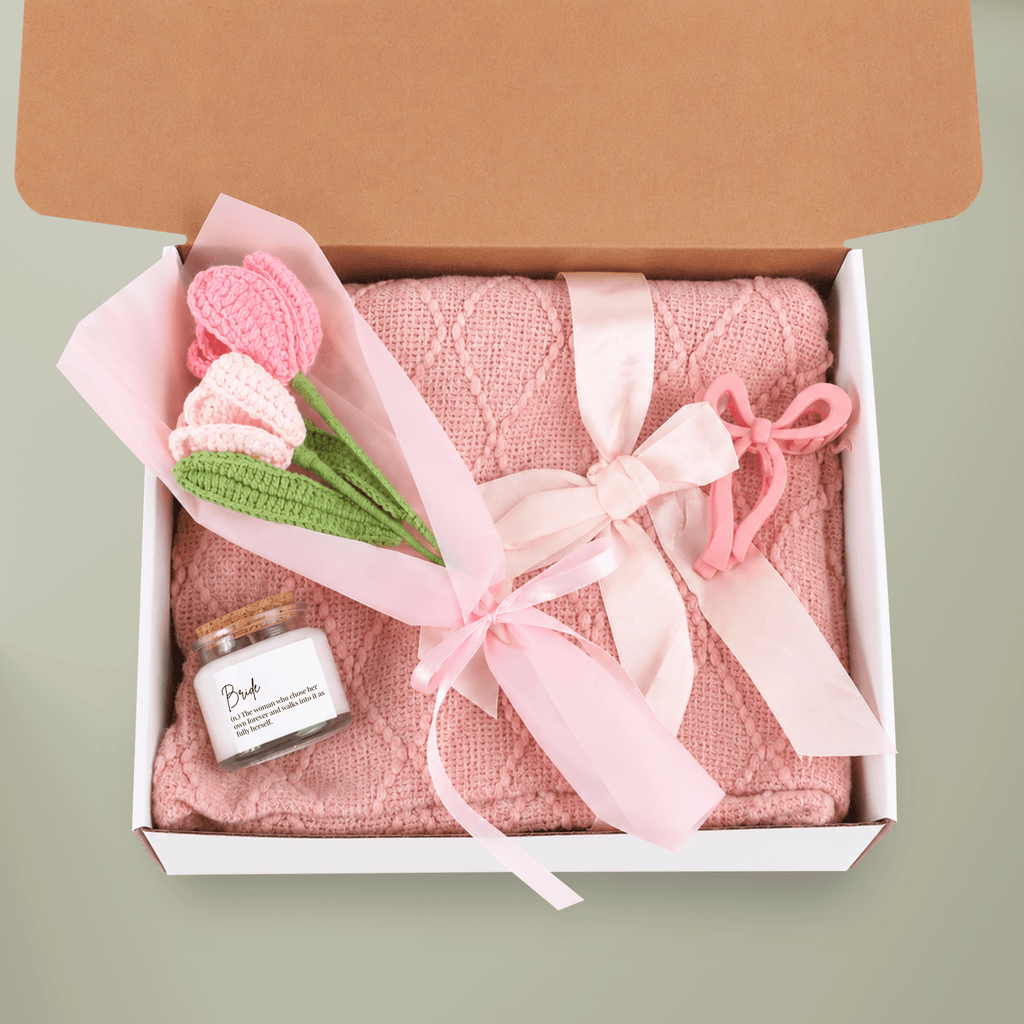 Bridal Bliss Gift Set — 'Bride' Definition Candle, Blanket, Crochet Bouquet & Bow Clip - White sage and lavender scented candle Home Decor La Vie Bien Bridal Bliss Gift Set — 'Bride' Definition Candle, Blanket, Crochet Bouquet & Bow Clip - White sage and lavender scented candle