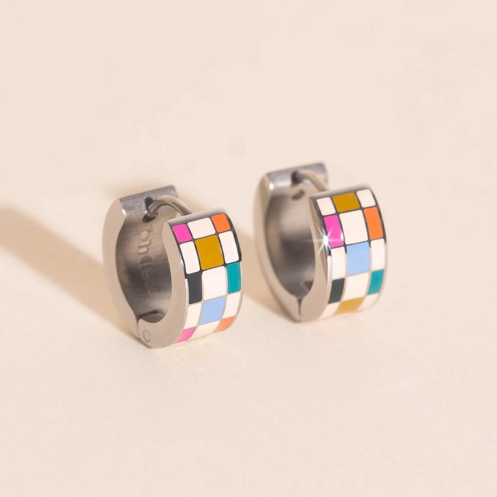Bright Checkered Super Chunky Huggie Hoop Earrings by Oh Clementine