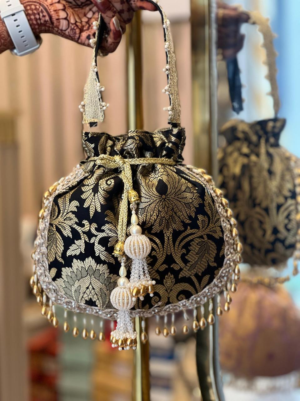 Brocade Potli Bag with Pearl Tassels & Designer Closing Thread La Vie Bien Brocade Potli Bag with Pearl Tassels & Designer Closing Thread